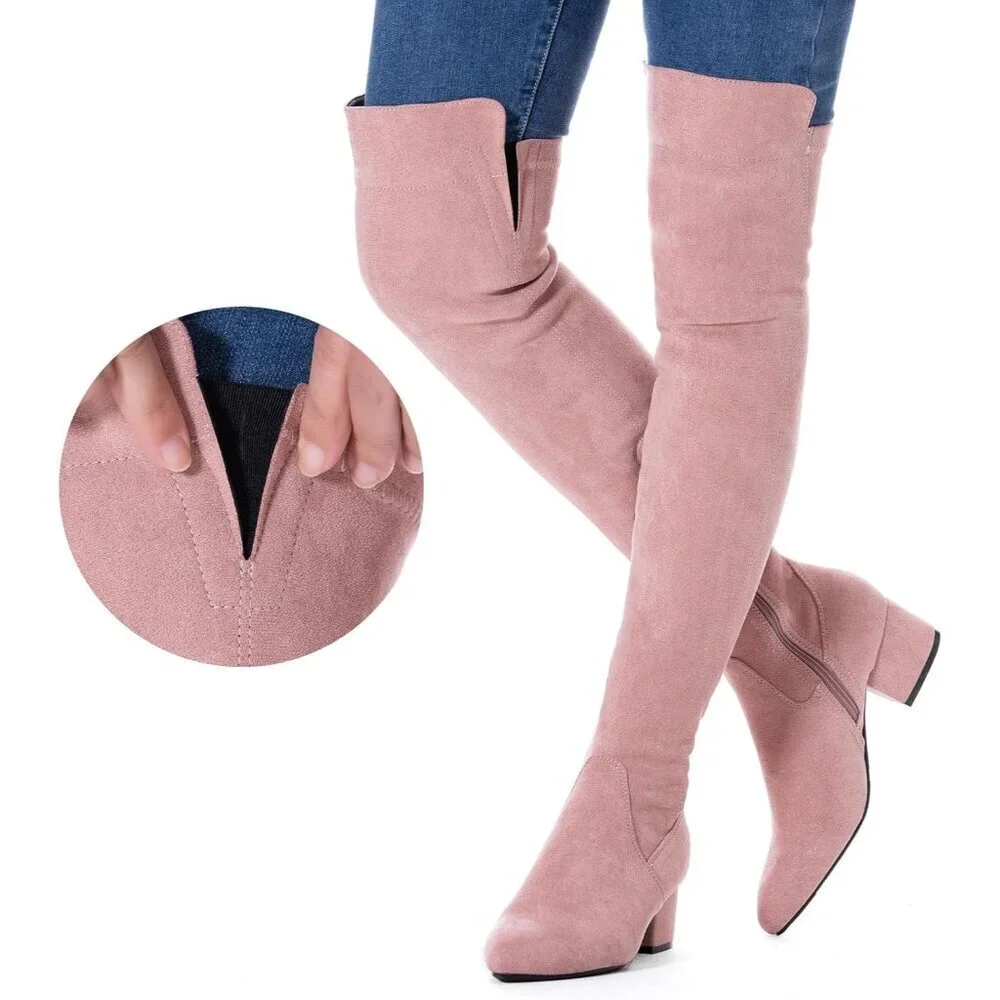 Women Pink\2inch Suede Over the Knee Thigh High Chunky Block Heel Winter Boots